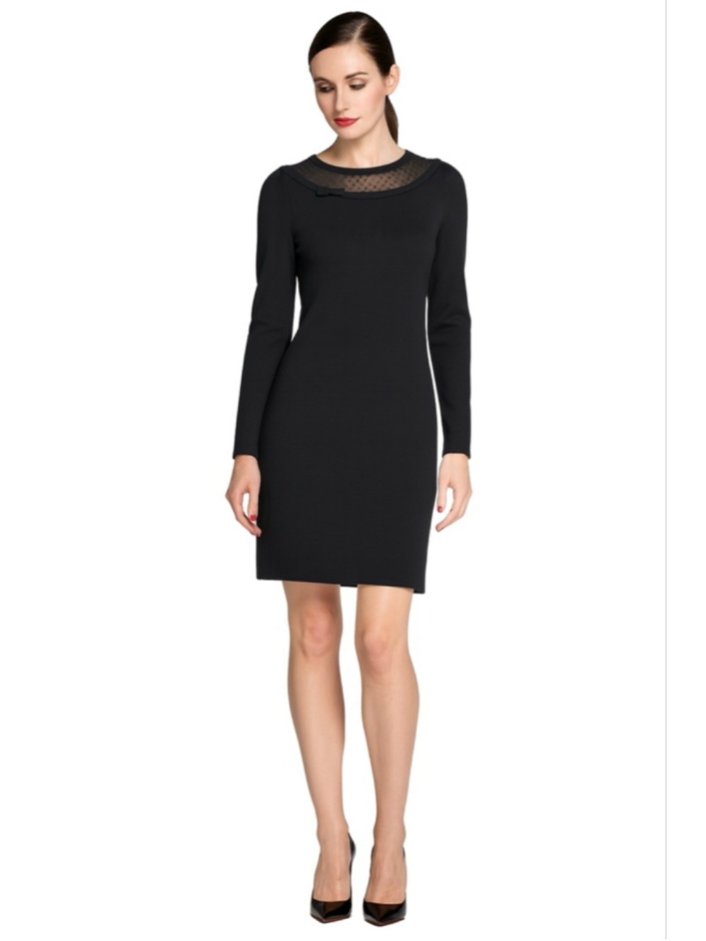 Red Valentino Wool Knit Dress Black Sheer Dotted Mesh Neck Bow Made in Italy S
